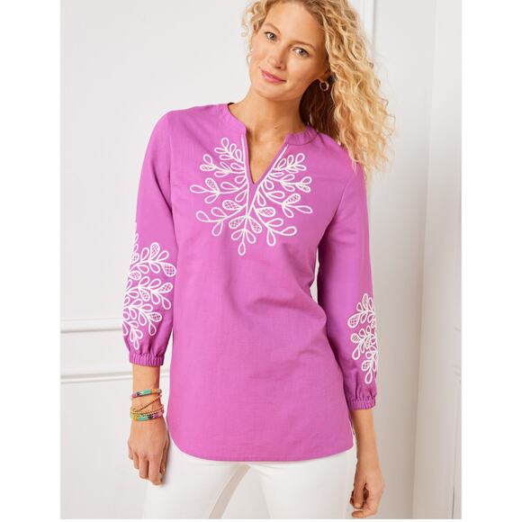 Talbots Lilac Purple White Embroidered Popover Tunic Blouse - Picture 1 of 8